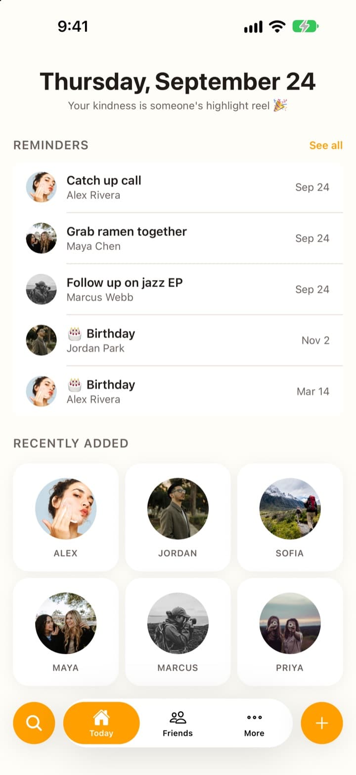 The WarmTies Today screen showing upcoming birthday reminders and recently added people